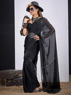 Glamorous Black Satin Silk Saree Featuring Rich Stone Work With Cut Dana & Sequins