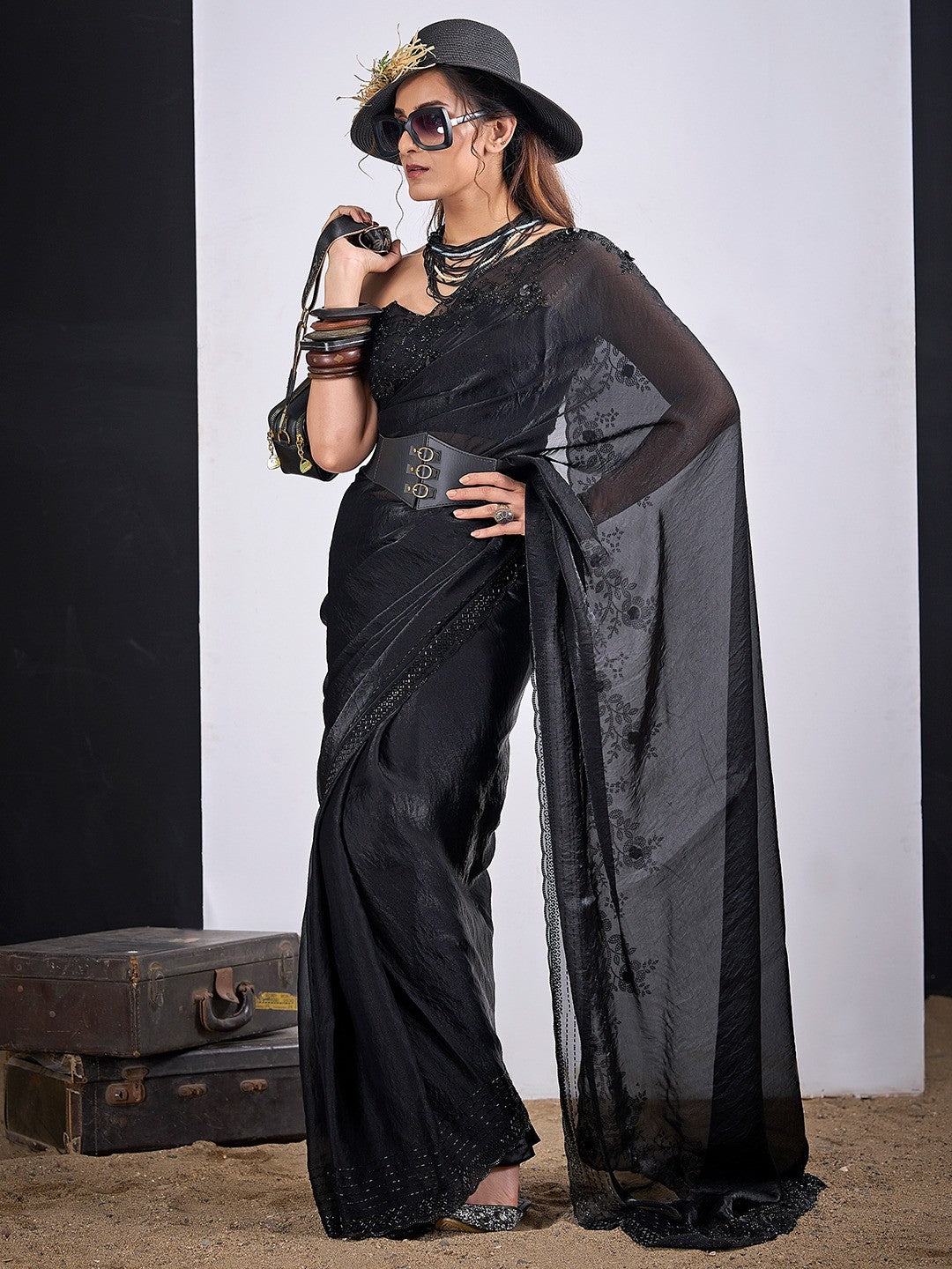 Glamorous Black Satin Silk Saree Featuring Rich Stone Work With Cut Dana & Sequins