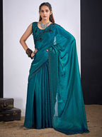 Glamorous Morpich Blue Satin Silk Saree Featuring Rich Stone Work With Cut Dana & Sequins