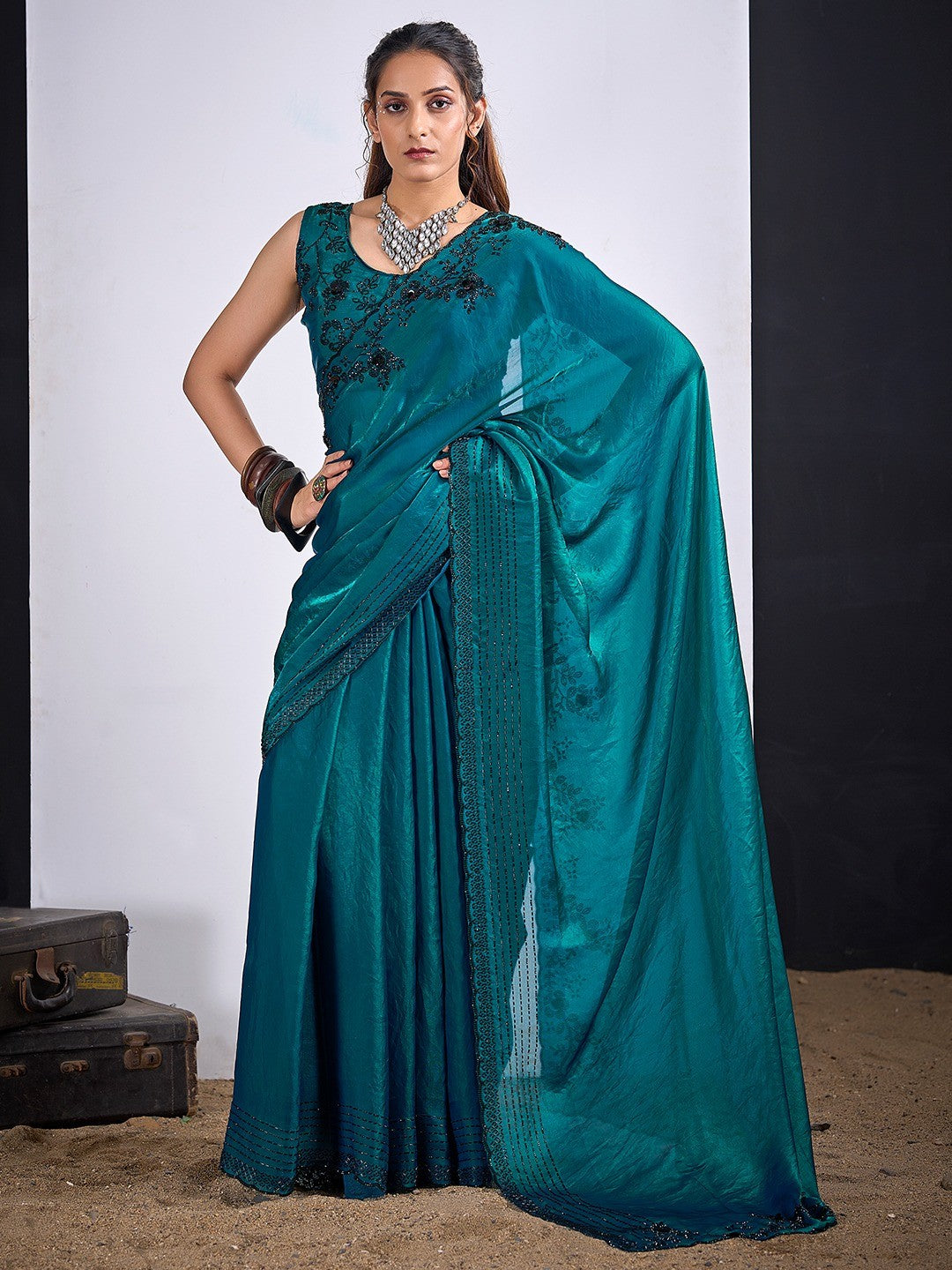 Glamorous Morpich Blue Satin Silk Saree Featuring Rich Stone Work With Cut Dana & Sequins