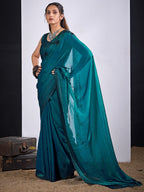 Glamorous Morpich Blue Satin Silk Saree Featuring Rich Stone Work With Cut Dana & Sequins