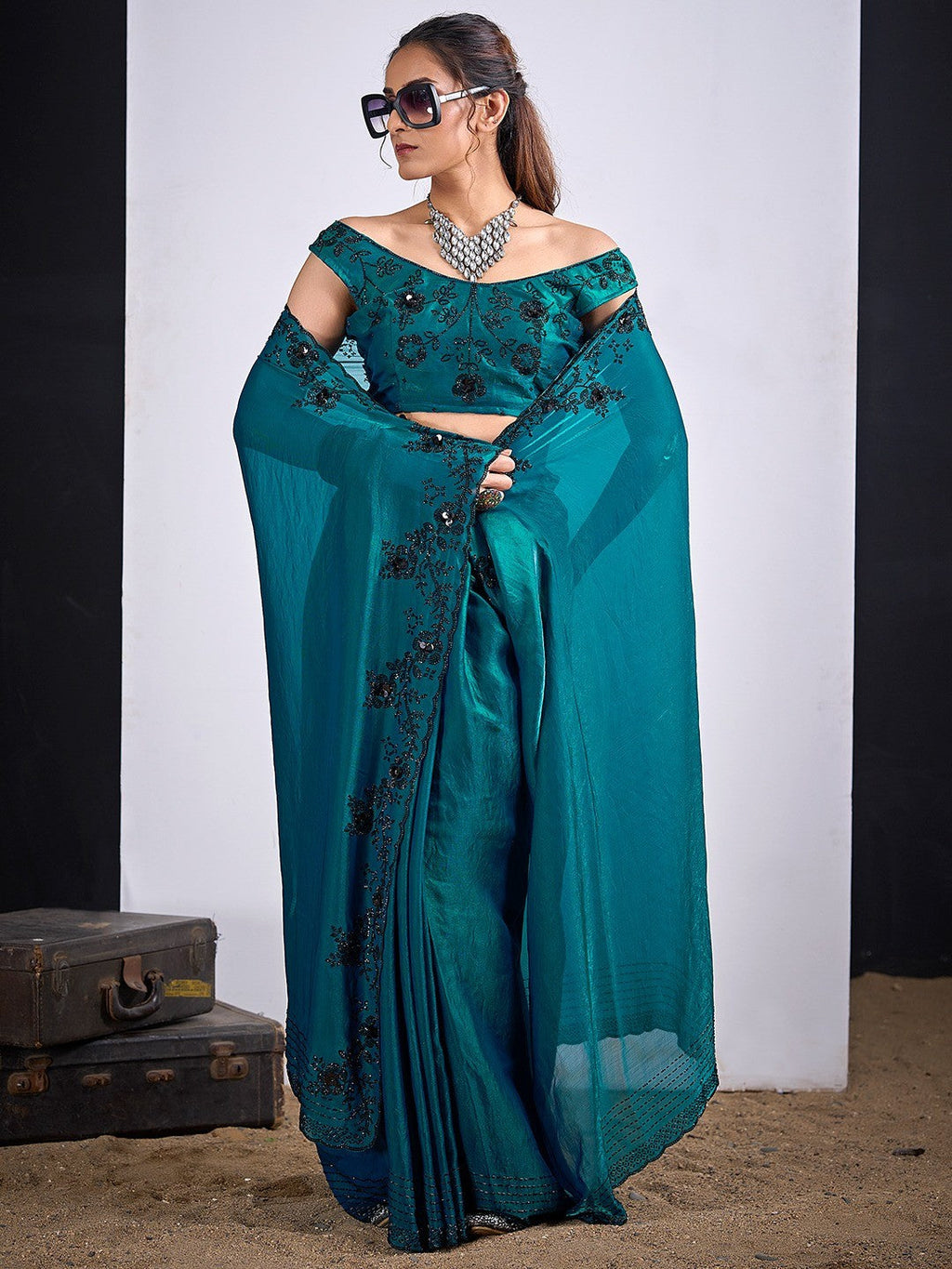 Glamorous Morpich Blue Satin Silk Saree Featuring Rich Stone Work With Cut Dana & Sequins