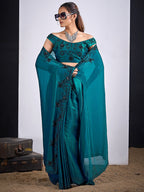 Glamorous Morpich Blue Satin Silk Saree Featuring Rich Stone Work With Cut Dana & Sequins