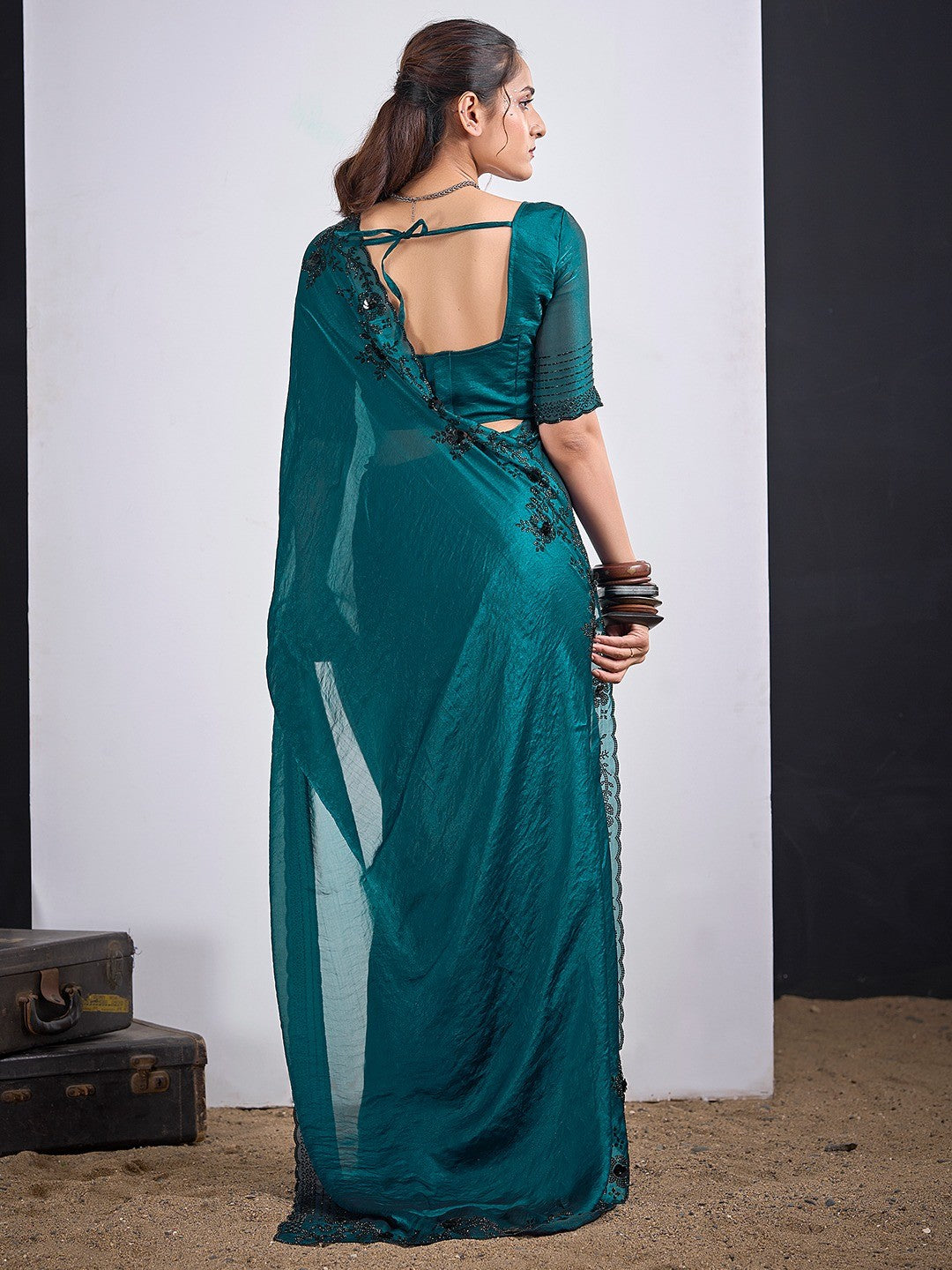 Glamorous Morpich Blue Satin Silk Saree Featuring Rich Stone Work With Cut Dana & Sequins