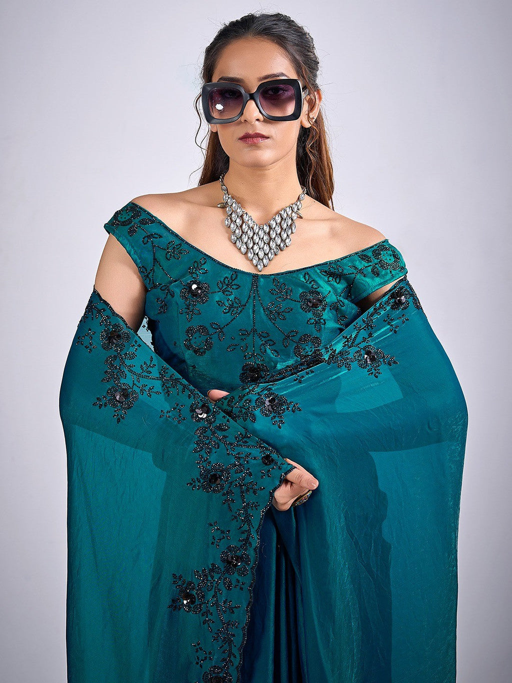Glamorous Morpich Blue Satin Silk Saree Featuring Rich Stone Work With Cut Dana & Sequins