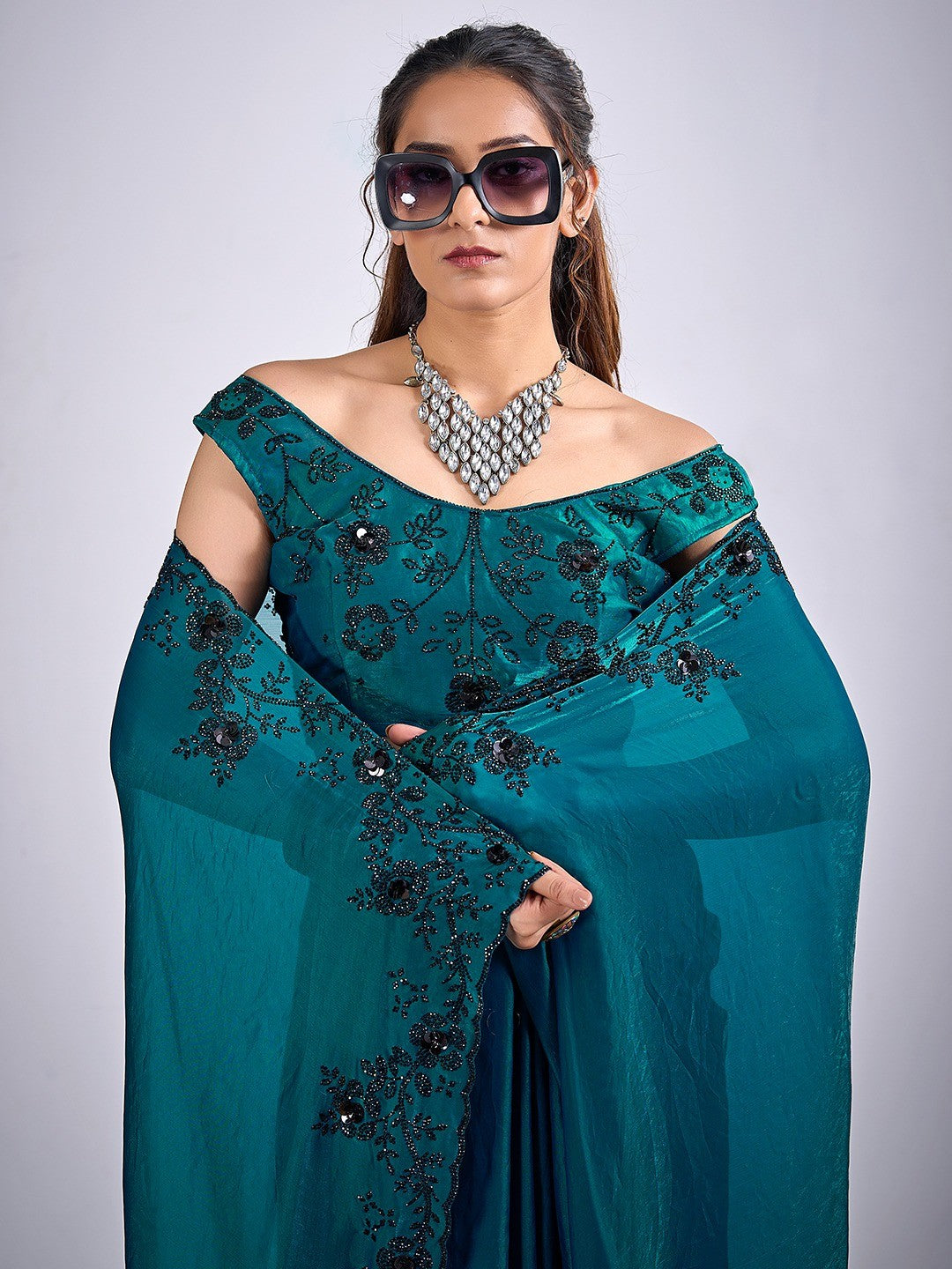 Glamorous Morpich Blue Satin Silk Saree Featuring Rich Stone Work With Cut Dana & Sequins
