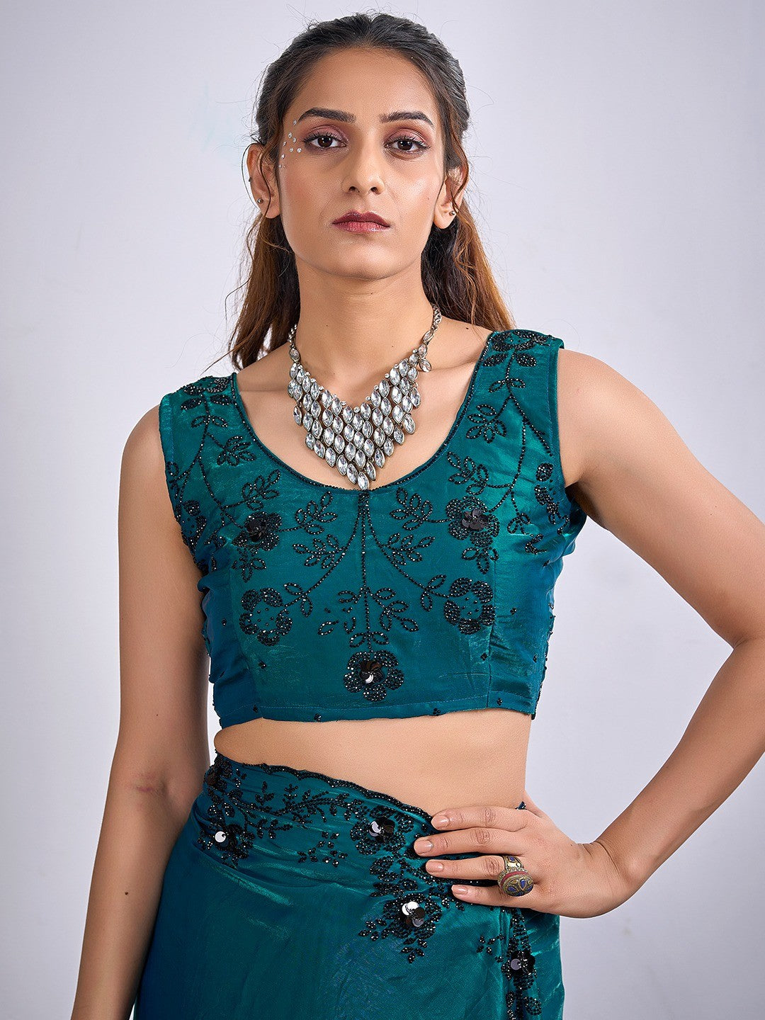 Glamorous Morpich Blue Satin Silk Saree Featuring Rich Stone Work With Cut Dana & Sequins