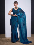 Classic Morpich Blue Satin Silk Saree Featuring Stone & Cut Dana Work With Sequin Applic Finish