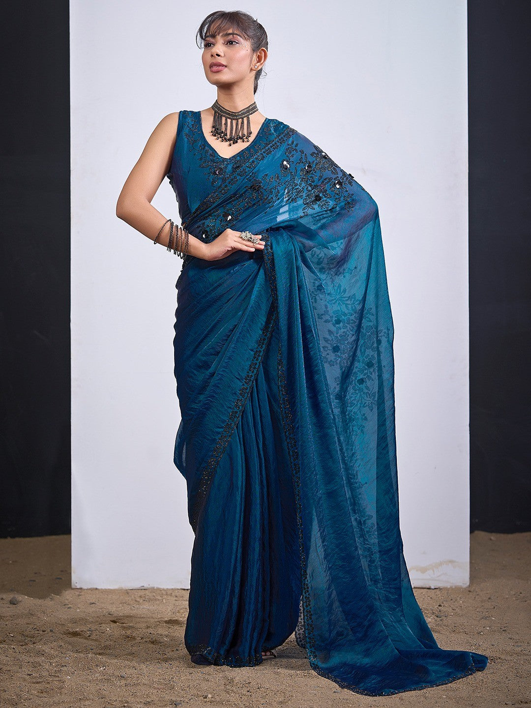 Classic Morpich Blue Satin Silk Saree Featuring Stone & Cut Dana Work With Sequin Applic Finish