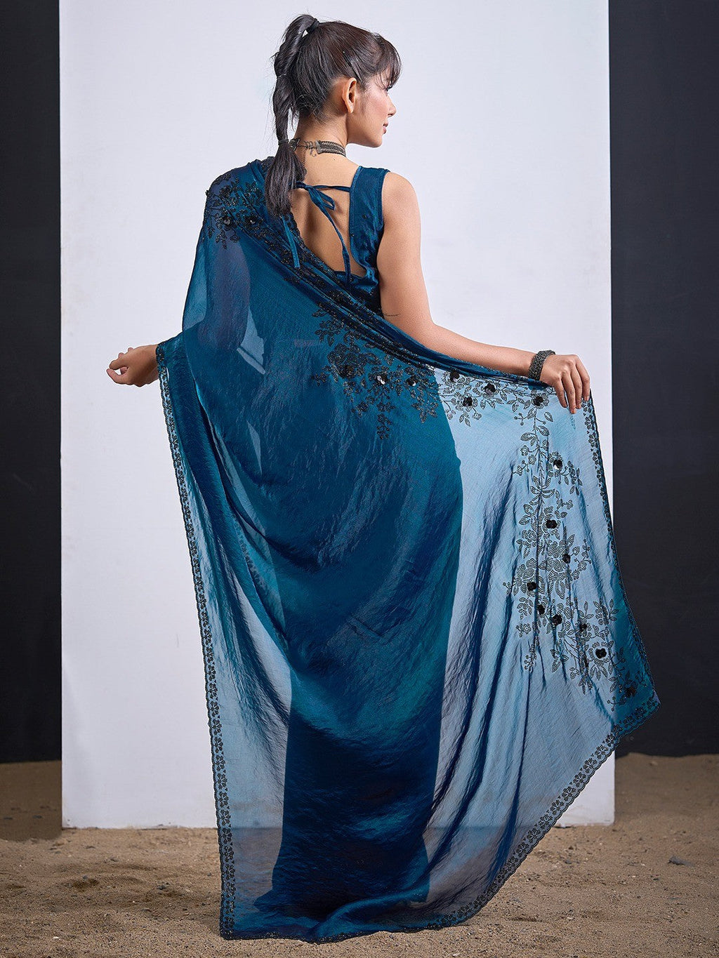 Classic Morpich Blue Satin Silk Saree Featuring Stone & Cut Dana Work With Sequin Applic Finish