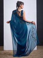 Classic Morpich Blue Satin Silk Saree Featuring Stone & Cut Dana Work With Sequin Applic Finish