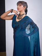 Classic Morpich Blue Satin Silk Saree Featuring Stone & Cut Dana Work With Sequin Applic Finish