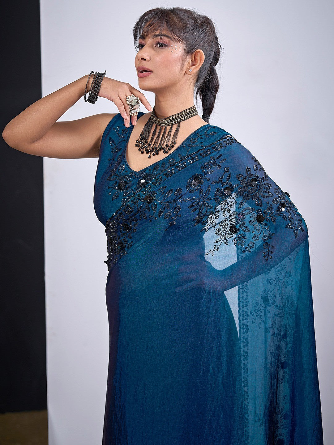 Classic Morpich Blue Satin Silk Saree Featuring Stone & Cut Dana Work With Sequin Applic Finish
