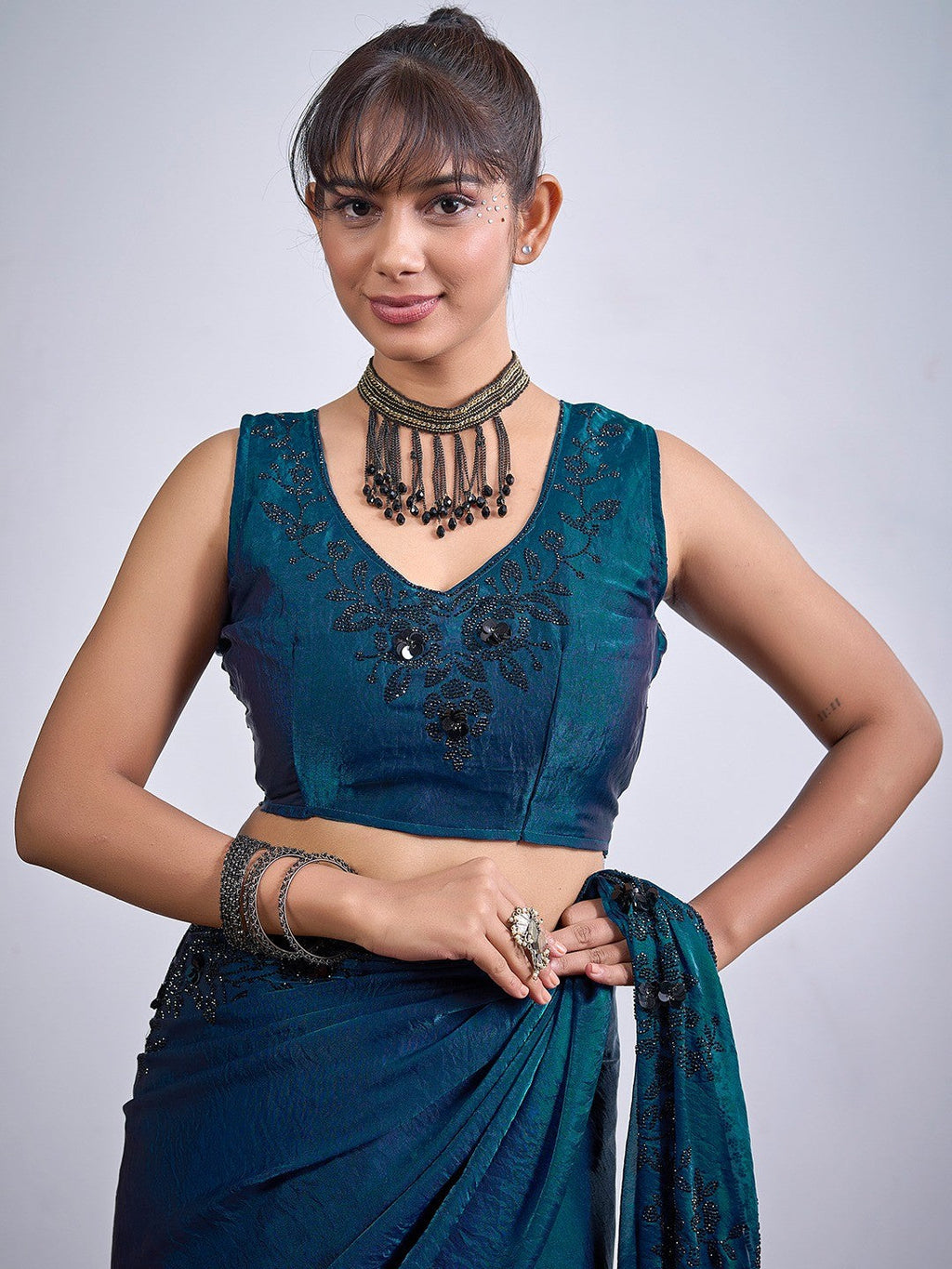 Classic Morpich Blue Satin Silk Saree Featuring Stone & Cut Dana Work With Sequin Applic Finish