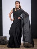 Classic Black Satin Silk Saree Featuring Stone & Cut Dana Work With Sequin Applic Finish