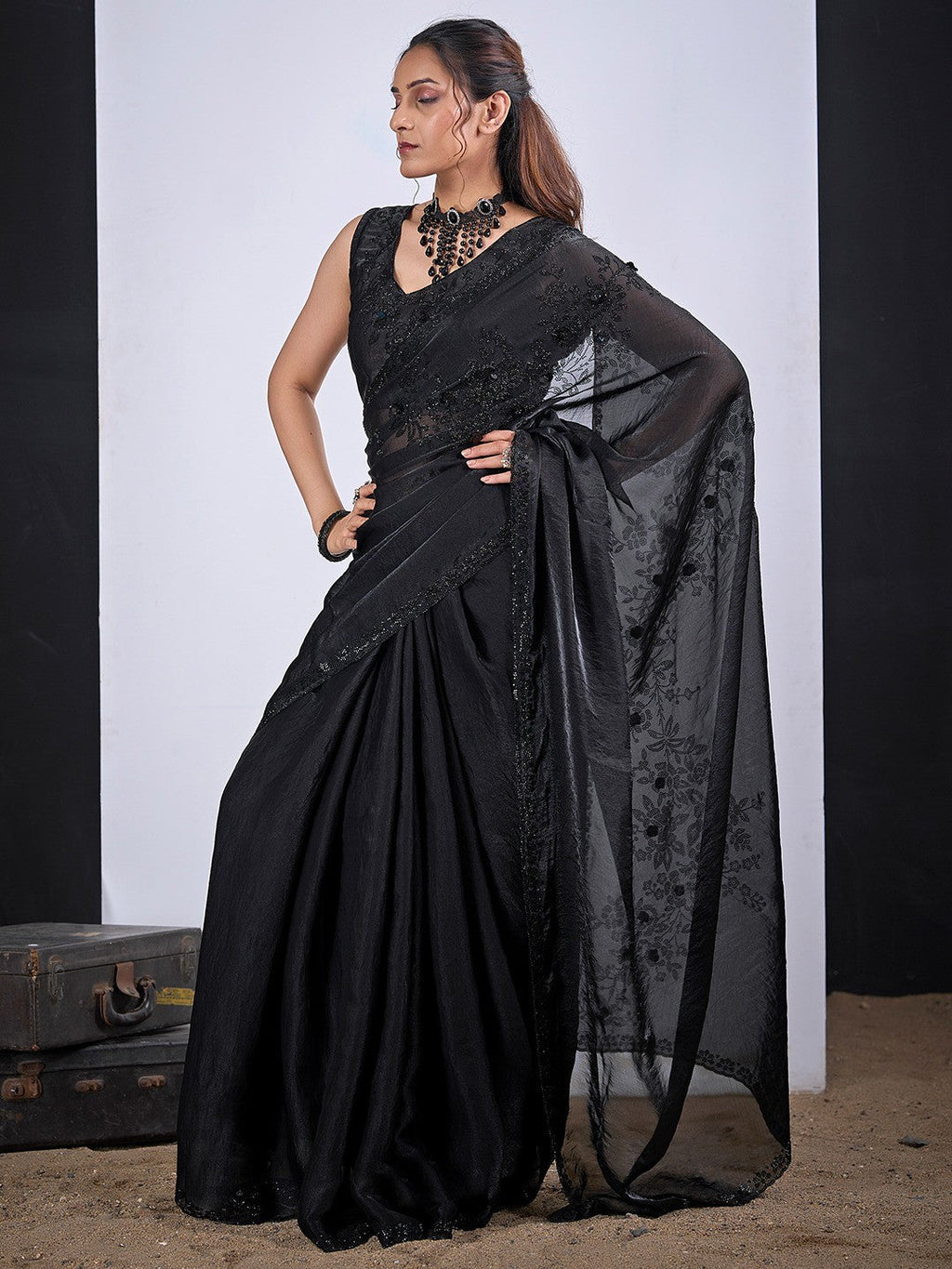 Classic Black Satin Silk Saree Featuring Stone & Cut Dana Work With Sequin Applic Finish