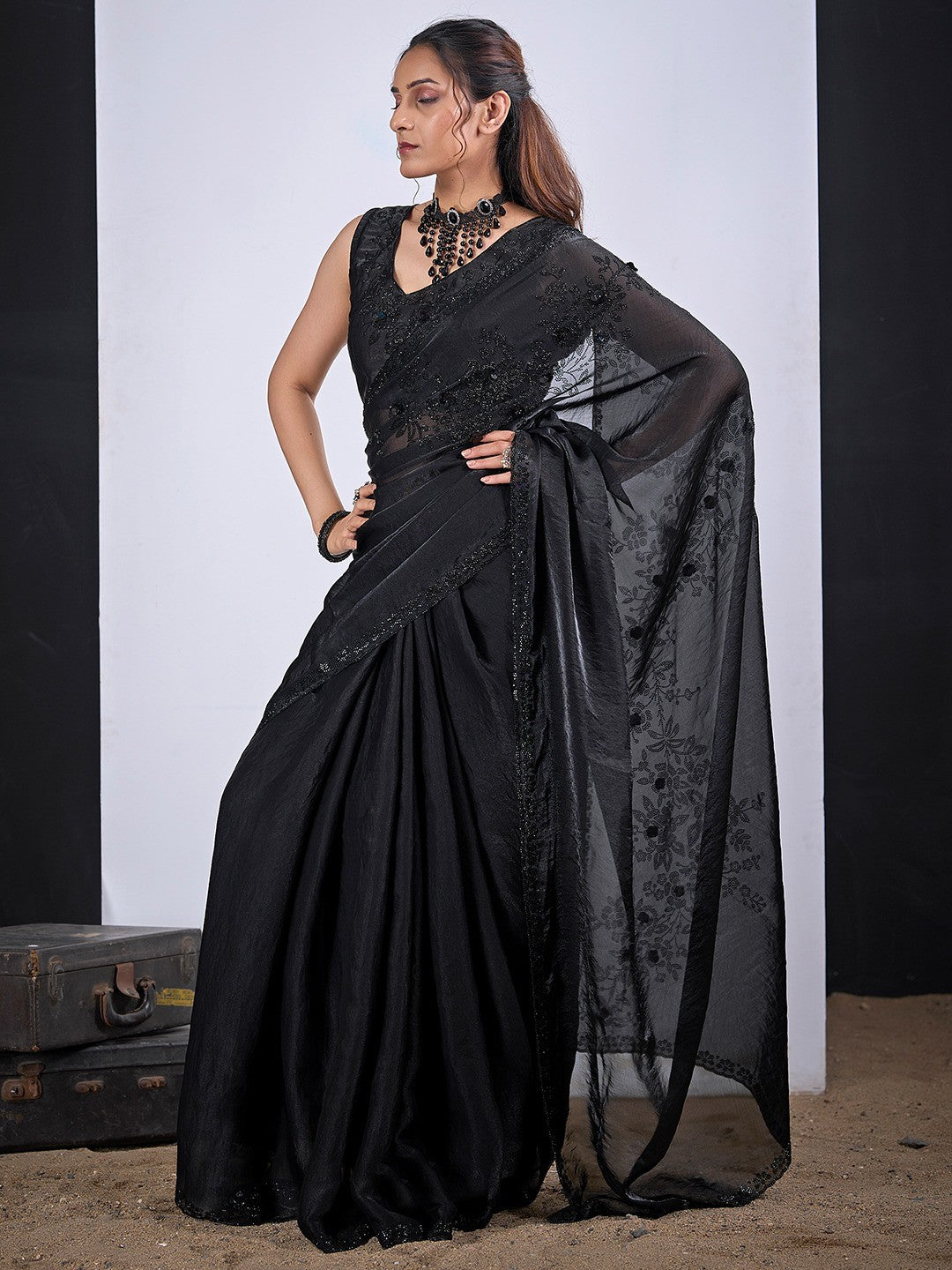 Classic Black Satin Silk Saree Featuring Stone & Cut Dana Work With Sequin Applic Finish