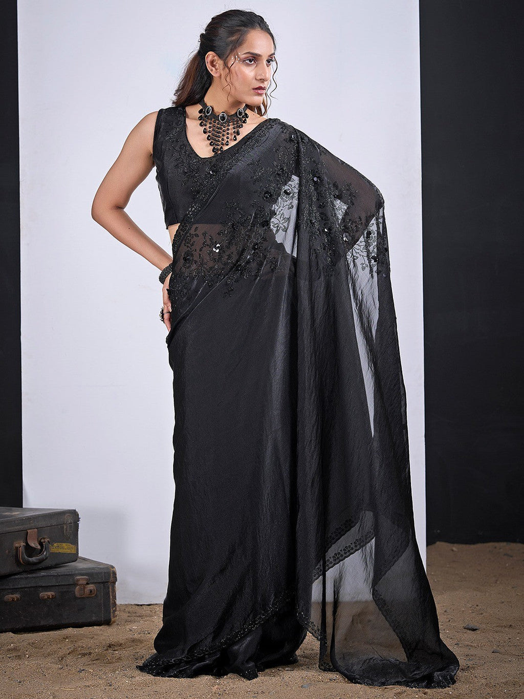 Classic Black Satin Silk Saree Featuring Stone & Cut Dana Work With Sequin Applic Finish