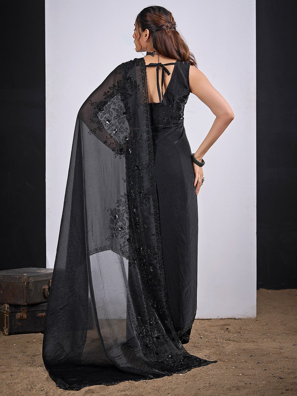 Classic Black Satin Silk Saree Featuring Stone & Cut Dana Work With Sequin Applic Finish