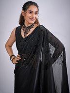 Classic Black Satin Silk Saree Featuring Stone & Cut Dana Work With Sequin Applic Finish