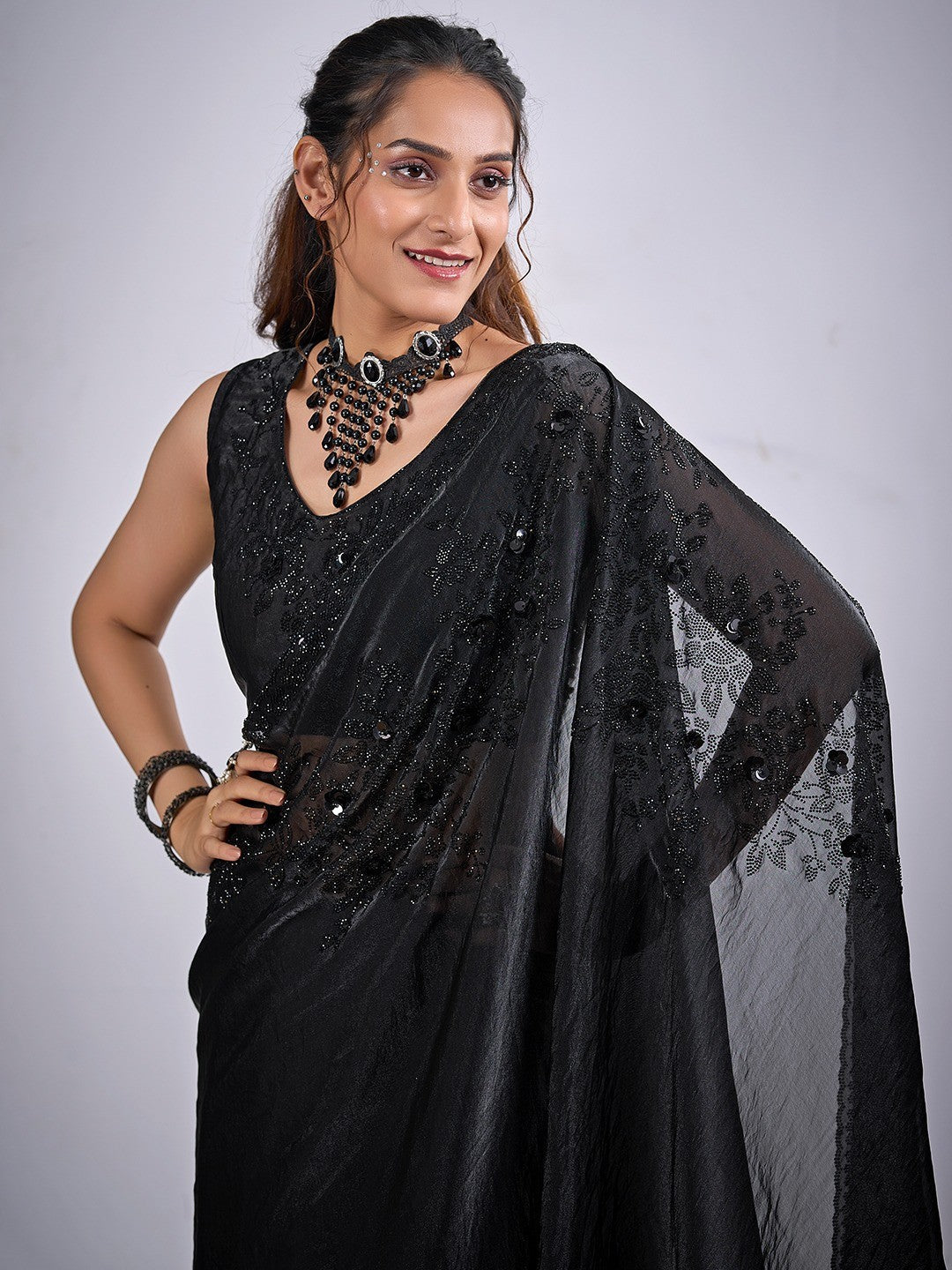 Classic Black Satin Silk Saree Featuring Stone & Cut Dana Work With Sequin Applic Finish