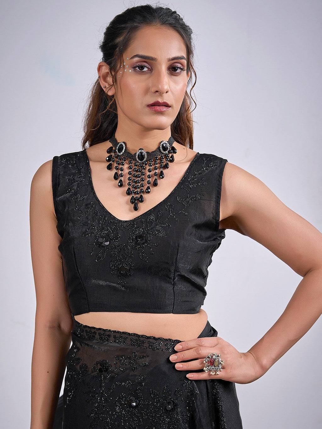 Classic Black Satin Silk Saree Featuring Stone & Cut Dana Work With Sequin Applic Finish