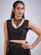 Classic Black Satin Silk Saree Featuring Stone & Cut Dana Work With Sequin Applic Finish