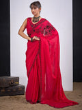 Classic Cherry Red Satin Silk Saree Featuring Stone & Cut Dana Work With Sequin Applic Finish
