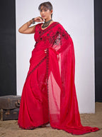 Classic Cherry Red Satin Silk Saree Featuring Stone & Cut Dana Work With Sequin Applic Finish