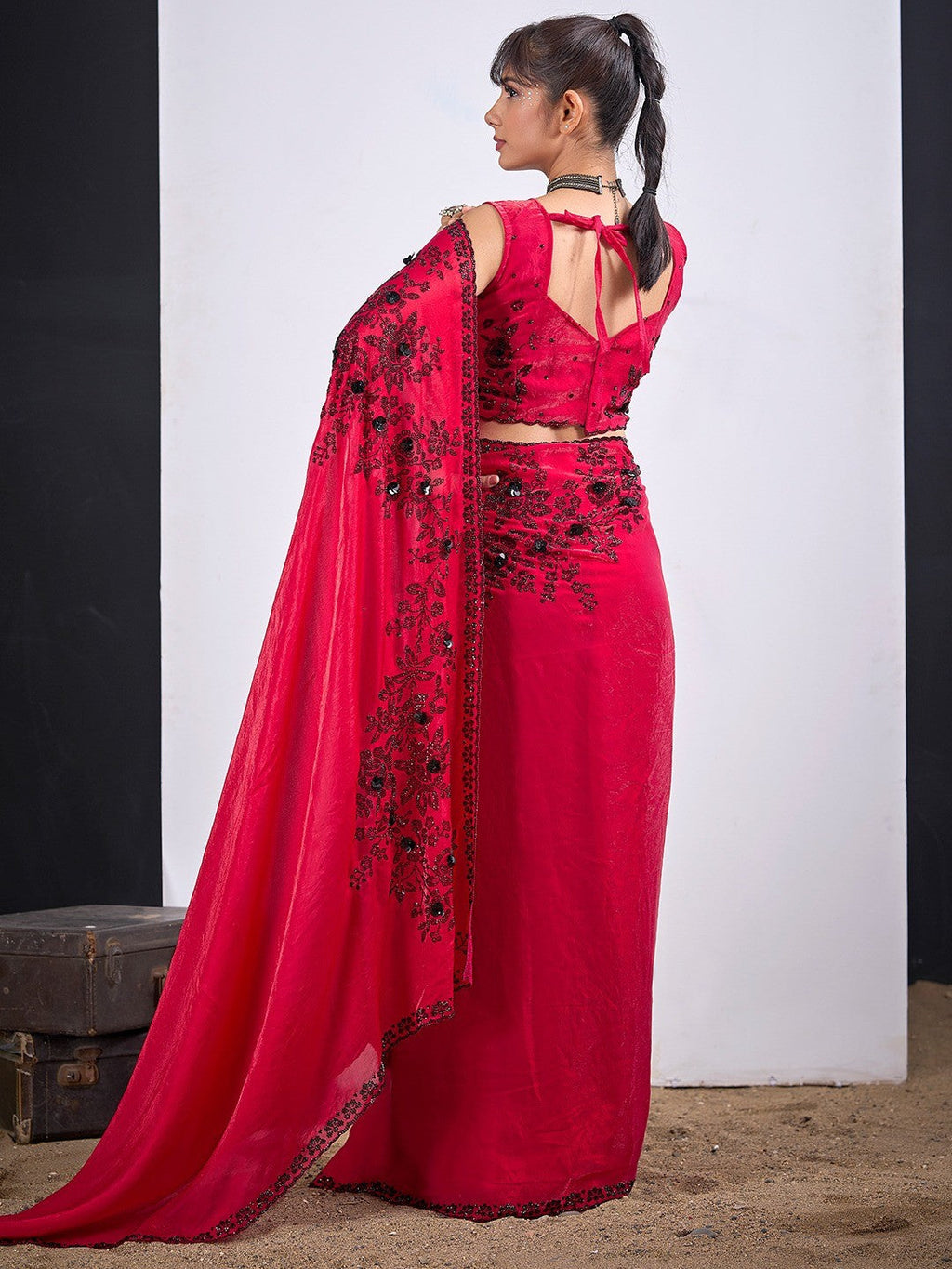 Classic Cherry Red Satin Silk Saree Featuring Stone & Cut Dana Work With Sequin Applic Finish