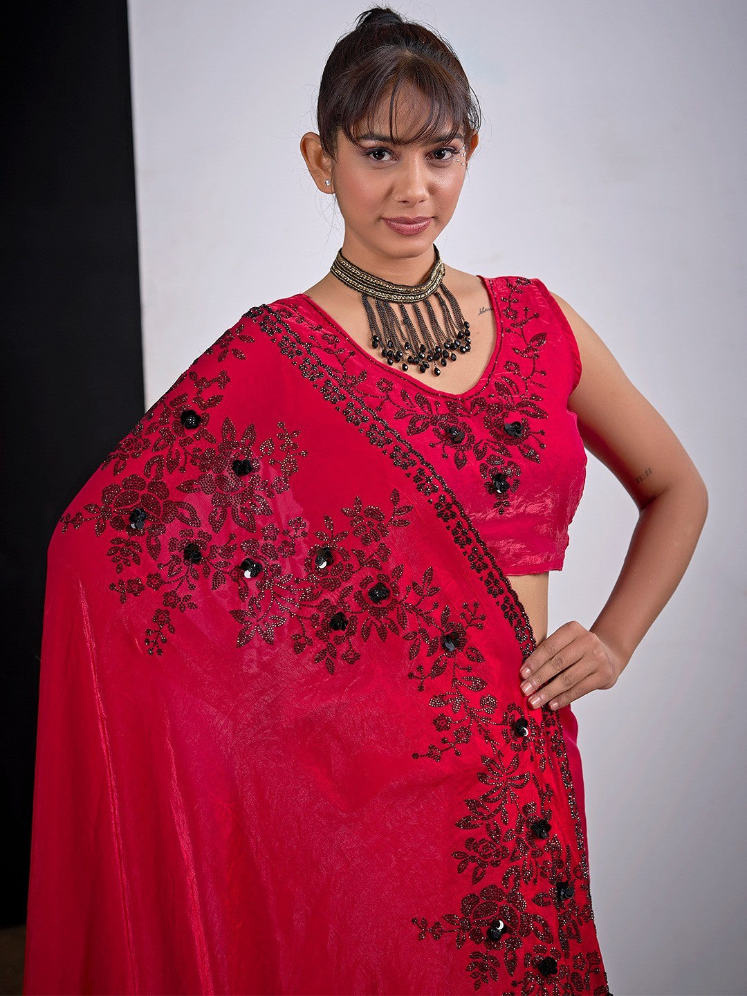 Classic Cherry Red Satin Silk Saree Featuring Stone & Cut Dana Work With Sequin Applic Finish
