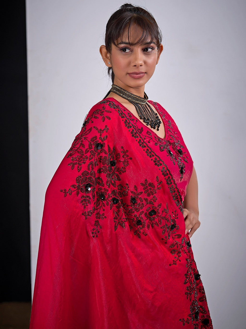 Classic Cherry Red Satin Silk Saree Featuring Stone & Cut Dana Work With Sequin Applic Finish