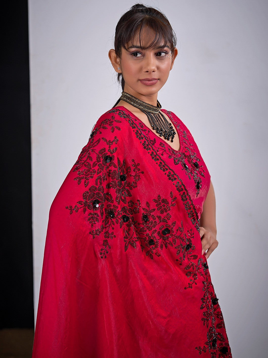 Classic Cherry Red Satin Silk Saree Featuring Stone & Cut Dana Work With Sequin Applic Finish