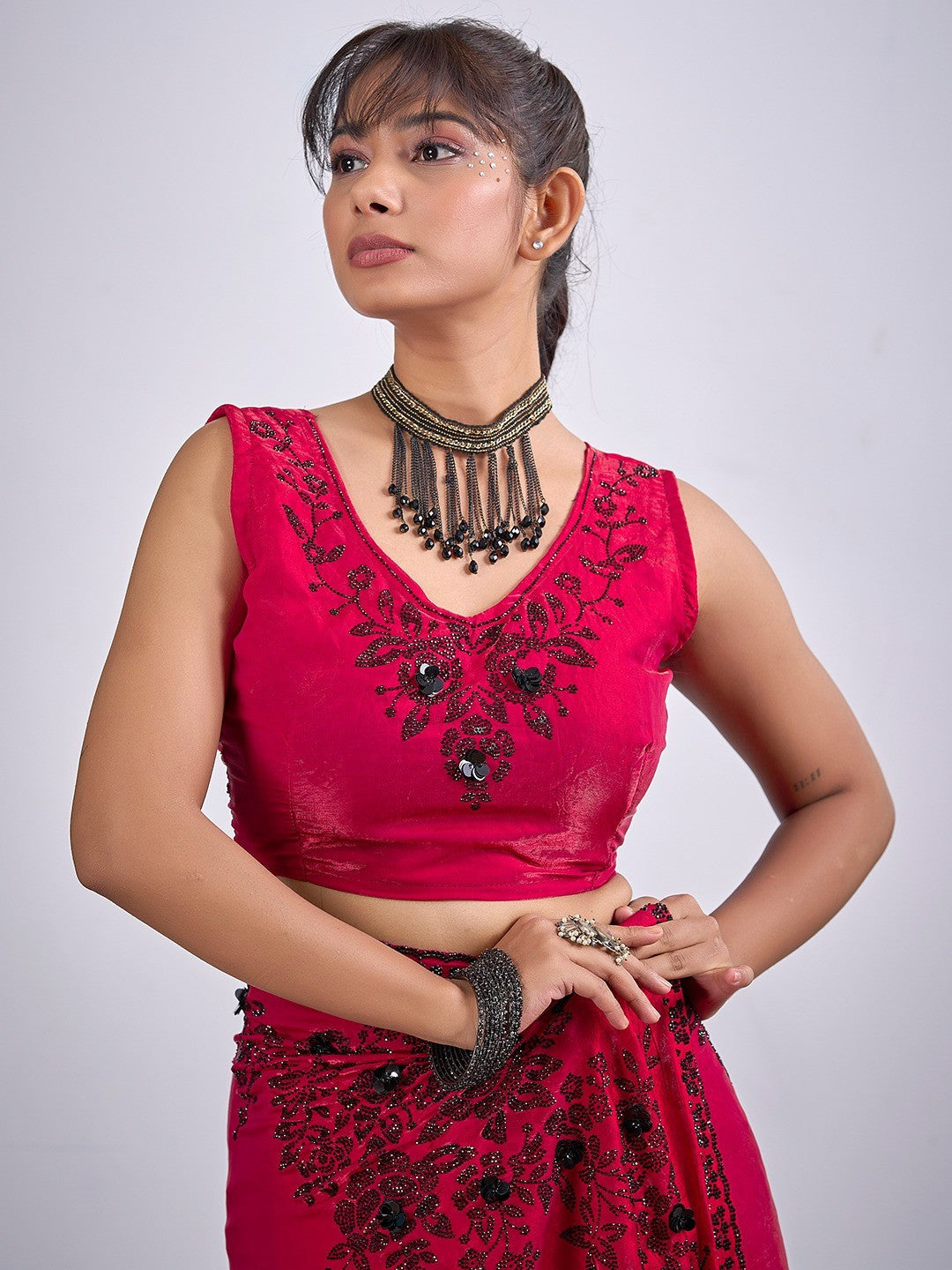 Classic Cherry Red Satin Silk Saree Featuring Stone & Cut Dana Work With Sequin Applic Finish
