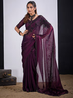 Classic Wine Satin Silk Saree Featuring Stone & Cut Dana Work With Sequin Applic Finish