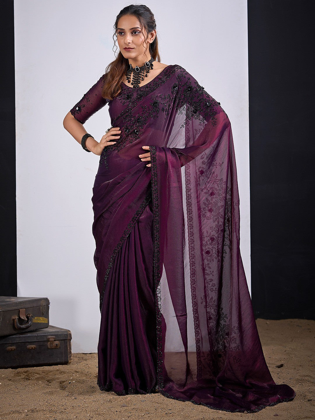 Classic Wine Satin Silk Saree Featuring Stone & Cut Dana Work With Sequin Applic Finish