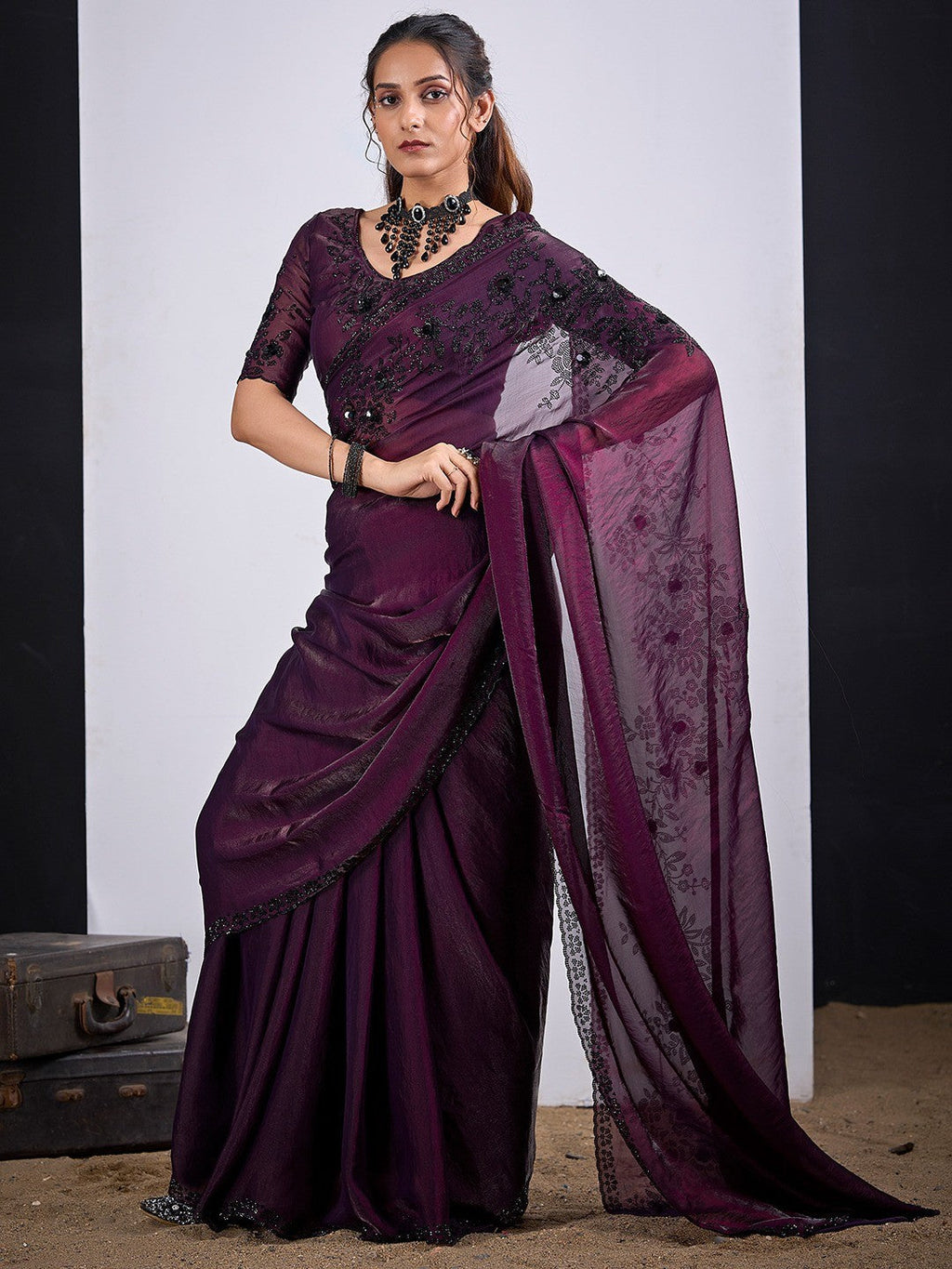 Classic Wine Satin Silk Saree Featuring Stone & Cut Dana Work With Sequin Applic Finish