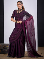 Classic Wine Satin Silk Saree Featuring Stone & Cut Dana Work With Sequin Applic Finish