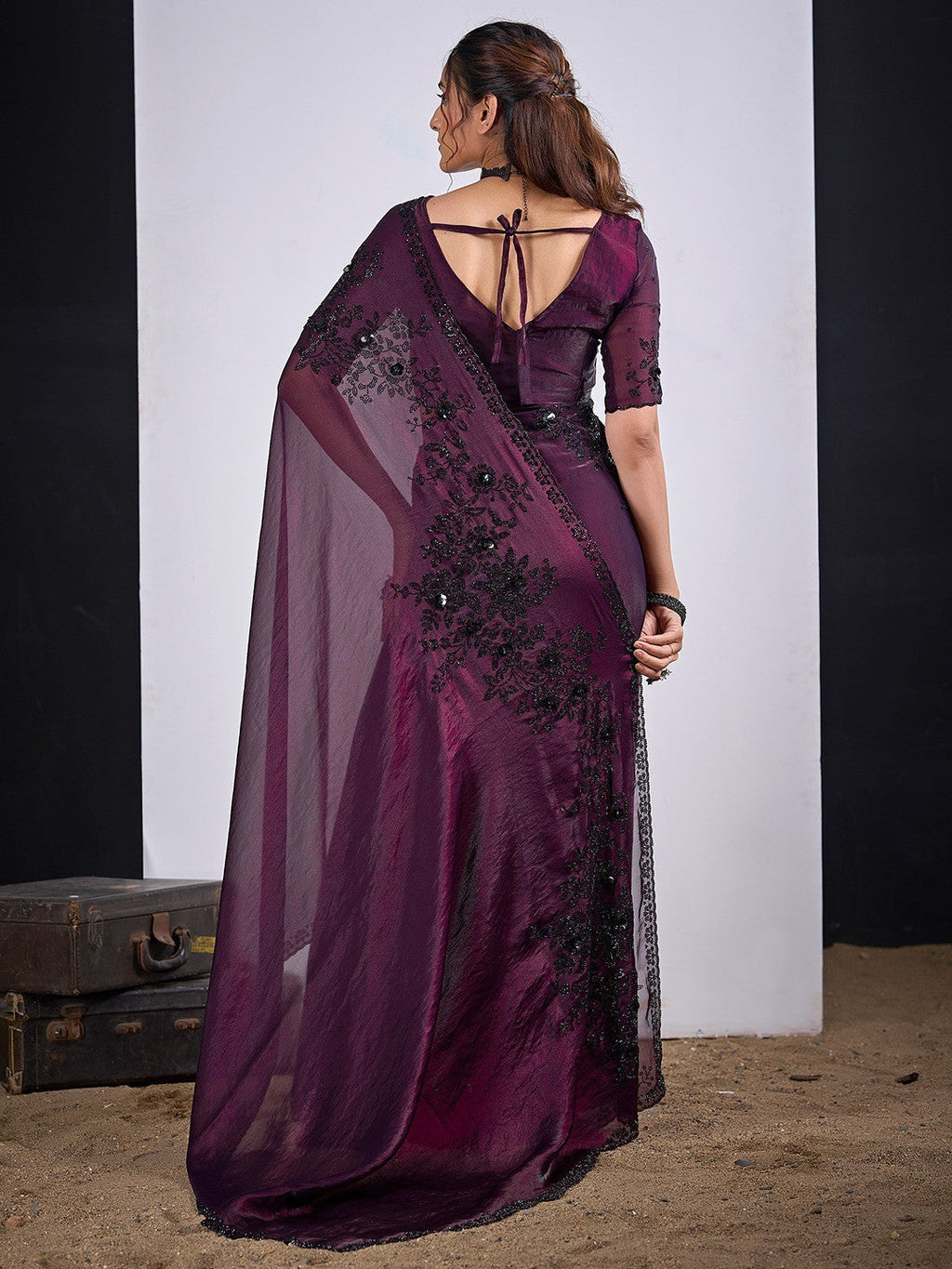 Classic Wine Satin Silk Saree Featuring Stone & Cut Dana Work With Sequin Applic Finish
