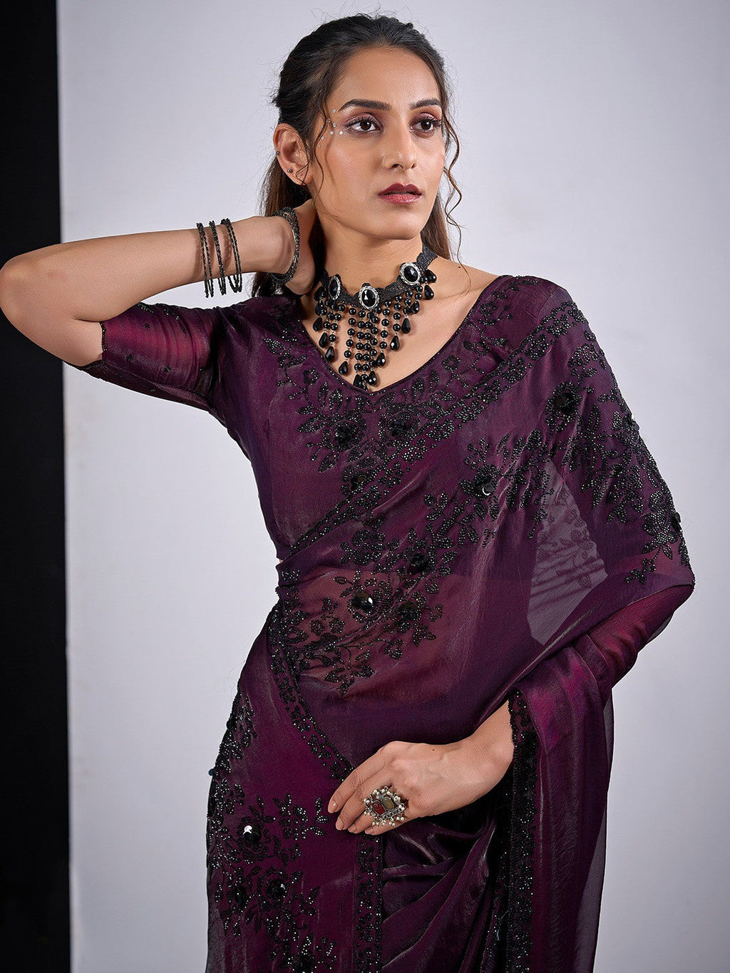 Classic Wine Satin Silk Saree Featuring Stone & Cut Dana Work With Sequin Applic Finish