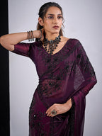Classic Wine Satin Silk Saree Featuring Stone & Cut Dana Work With Sequin Applic Finish