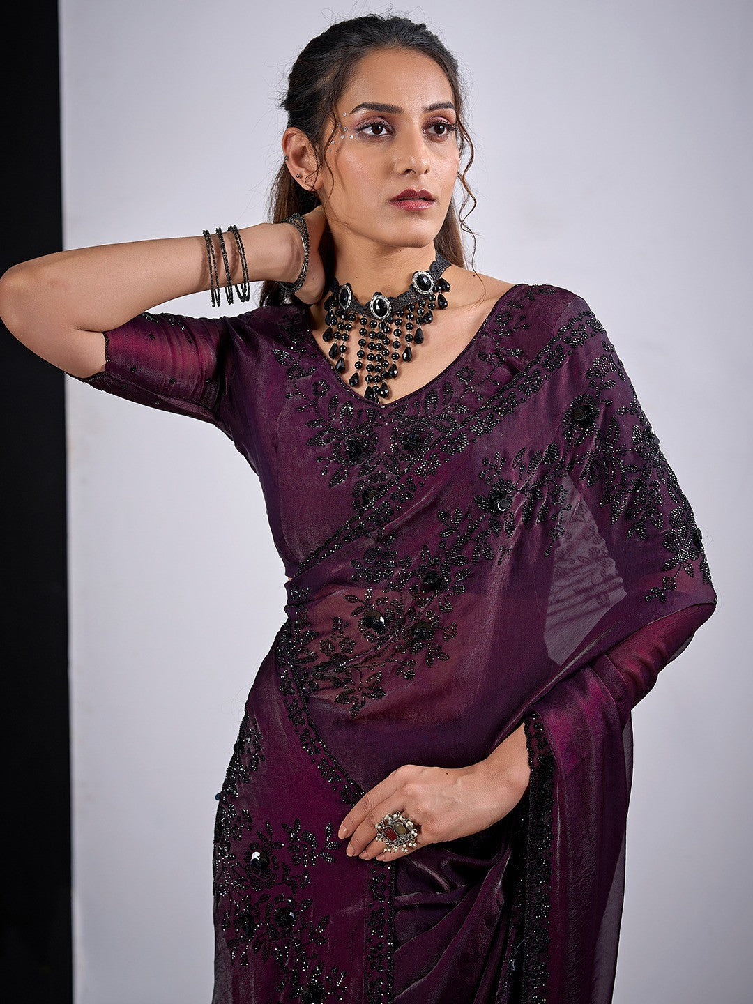 Classic Wine Satin Silk Saree Featuring Stone & Cut Dana Work With Sequin Applic Finish
