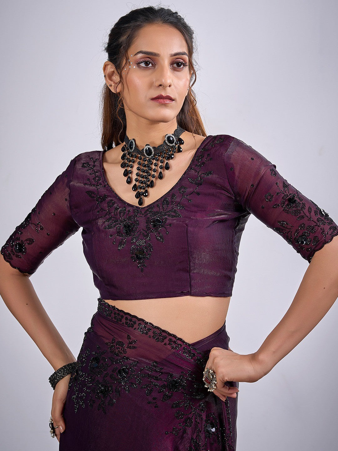 Classic Wine Satin Silk Saree Featuring Stone & Cut Dana Work With Sequin Applic Finish