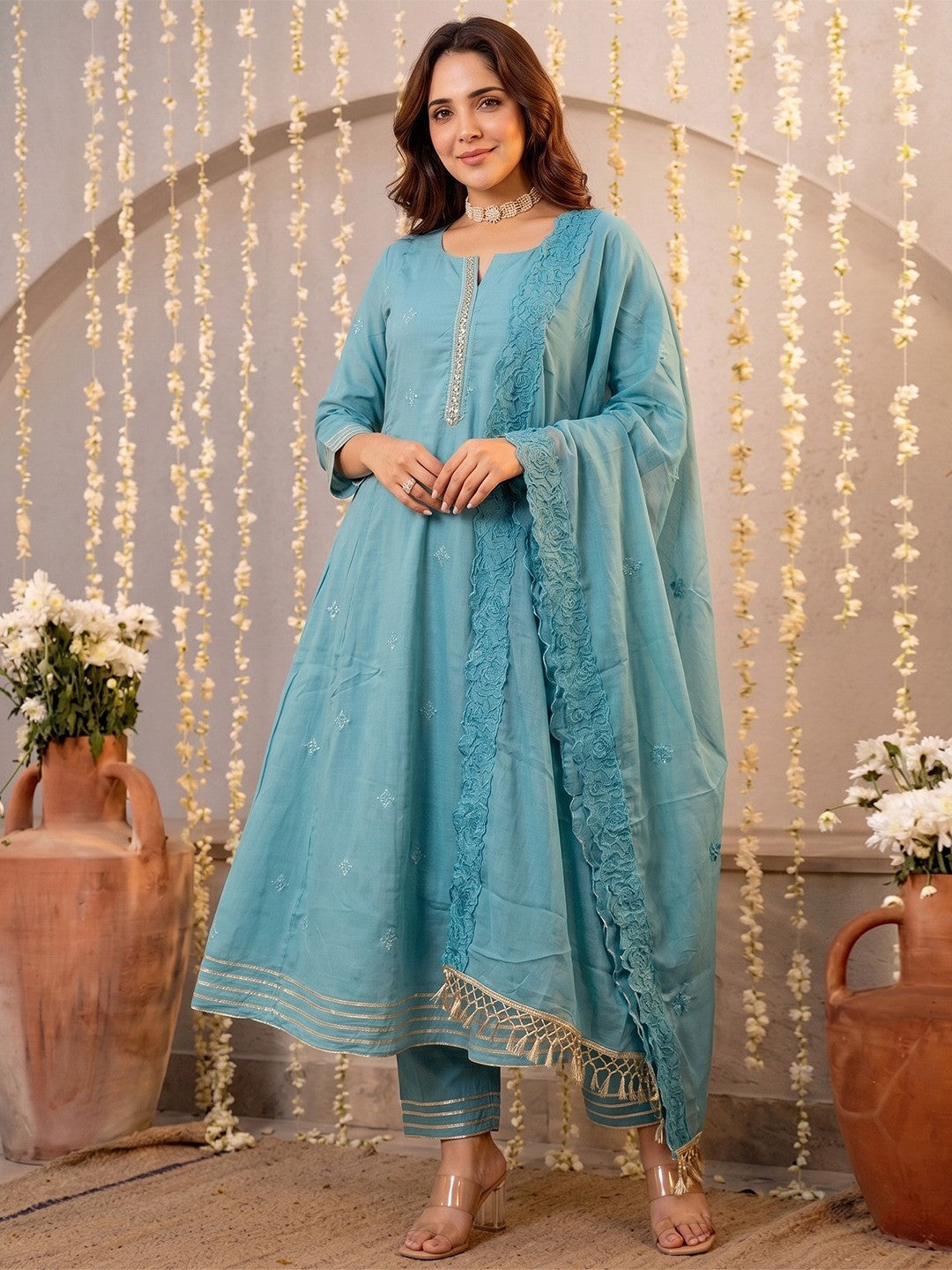 Graceful Blue Mul Cotton Anarkali Set with Intricate Thread Work