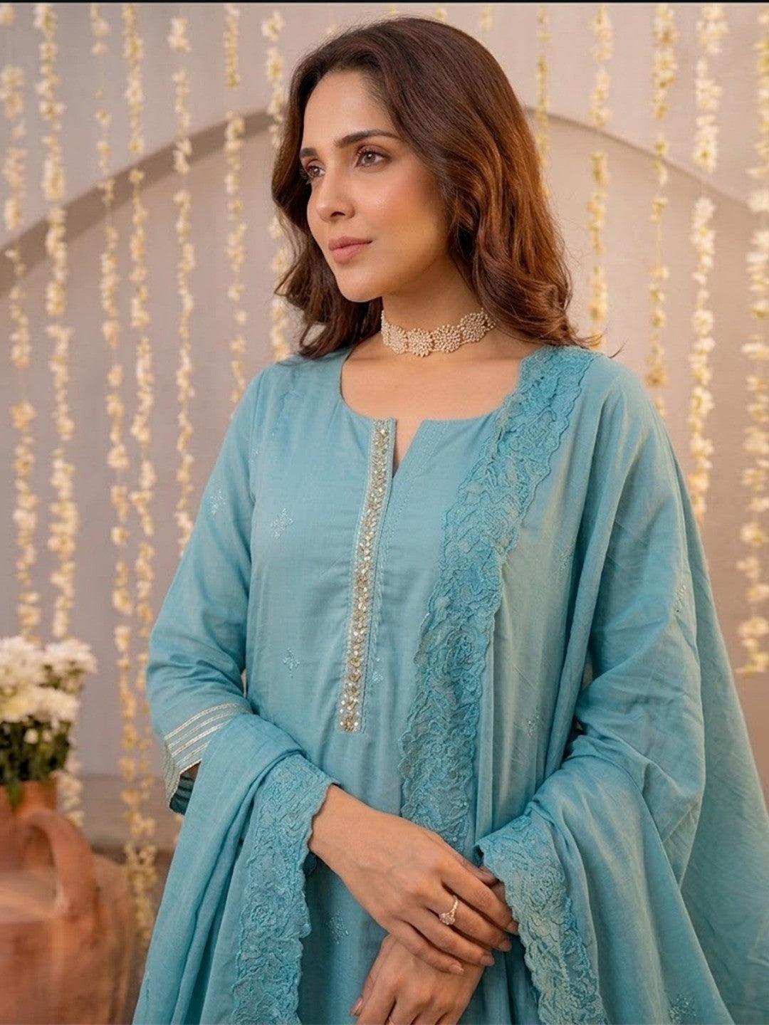 Graceful Blue Mul Cotton Anarkali Set with Intricate Thread Work