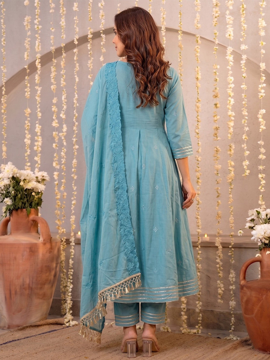 Graceful Blue Mul Cotton Anarkali Set with Intricate Thread Work