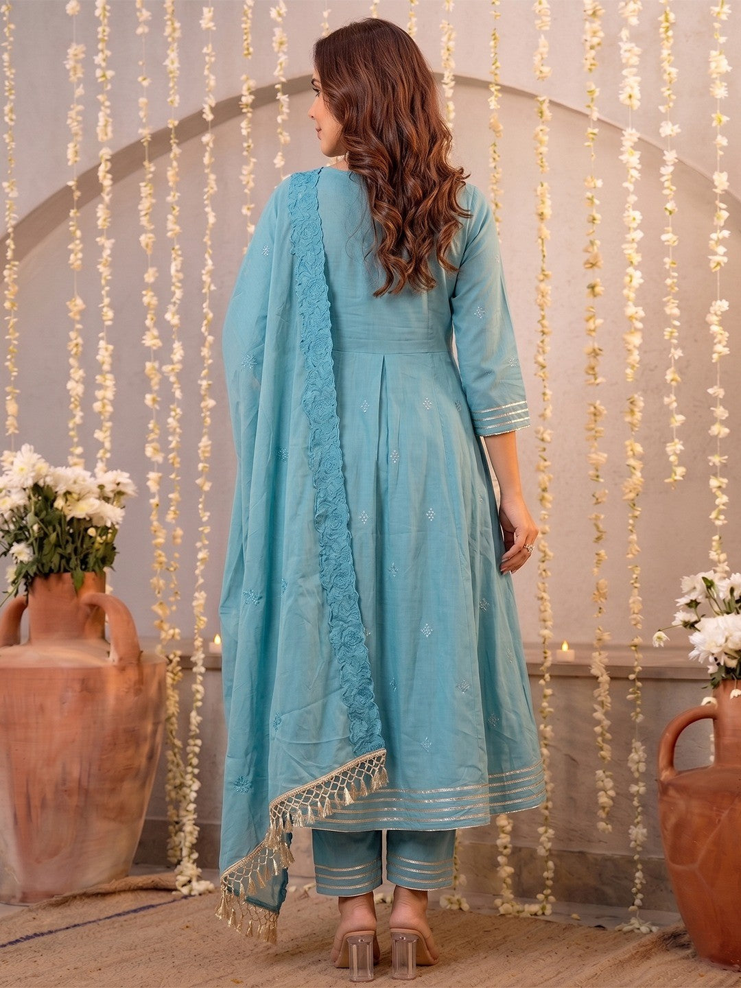 Graceful Blue Mul Cotton Anarkali Set with Intricate Thread Work