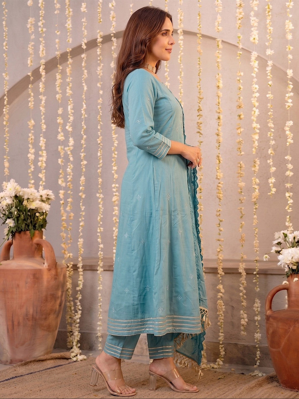 Graceful Blue Mul Cotton Anarkali Set with Intricate Thread Work