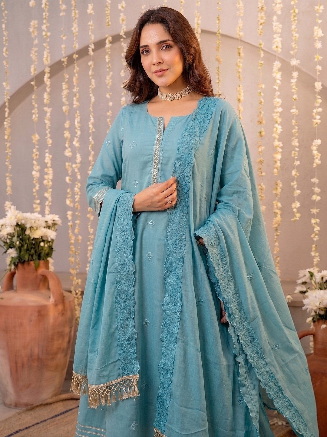 Graceful Blue Mul Cotton Anarkali Set with Intricate Thread Work