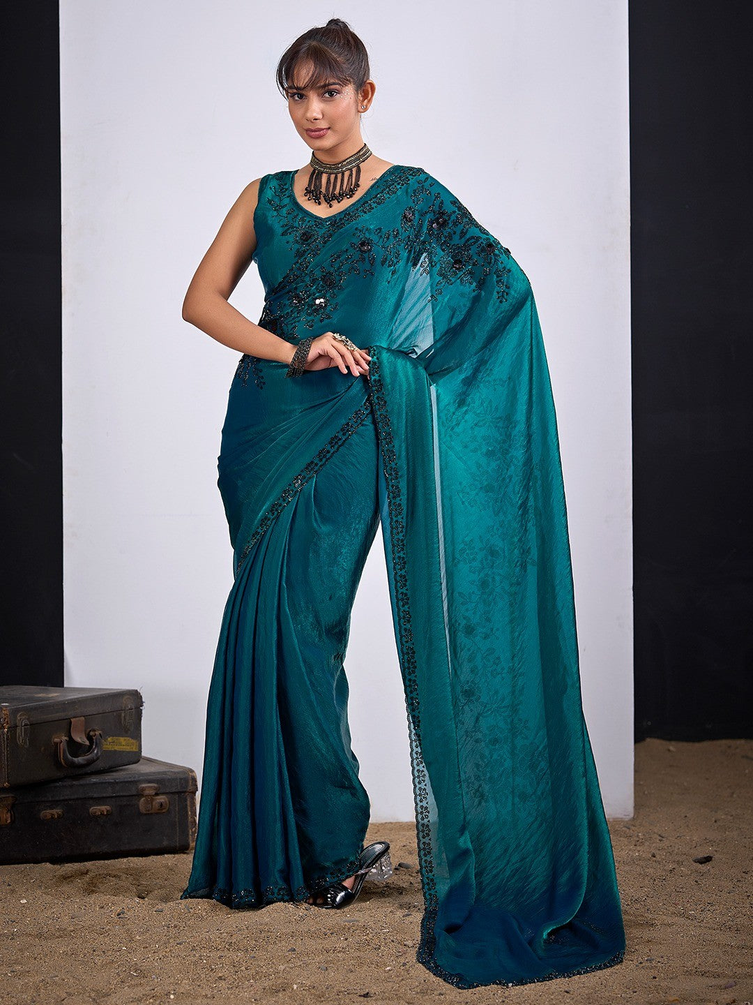 Classic Teal Satin Silk Saree Featuring Stone & Cut Dana Work With Sequin Applic Finish